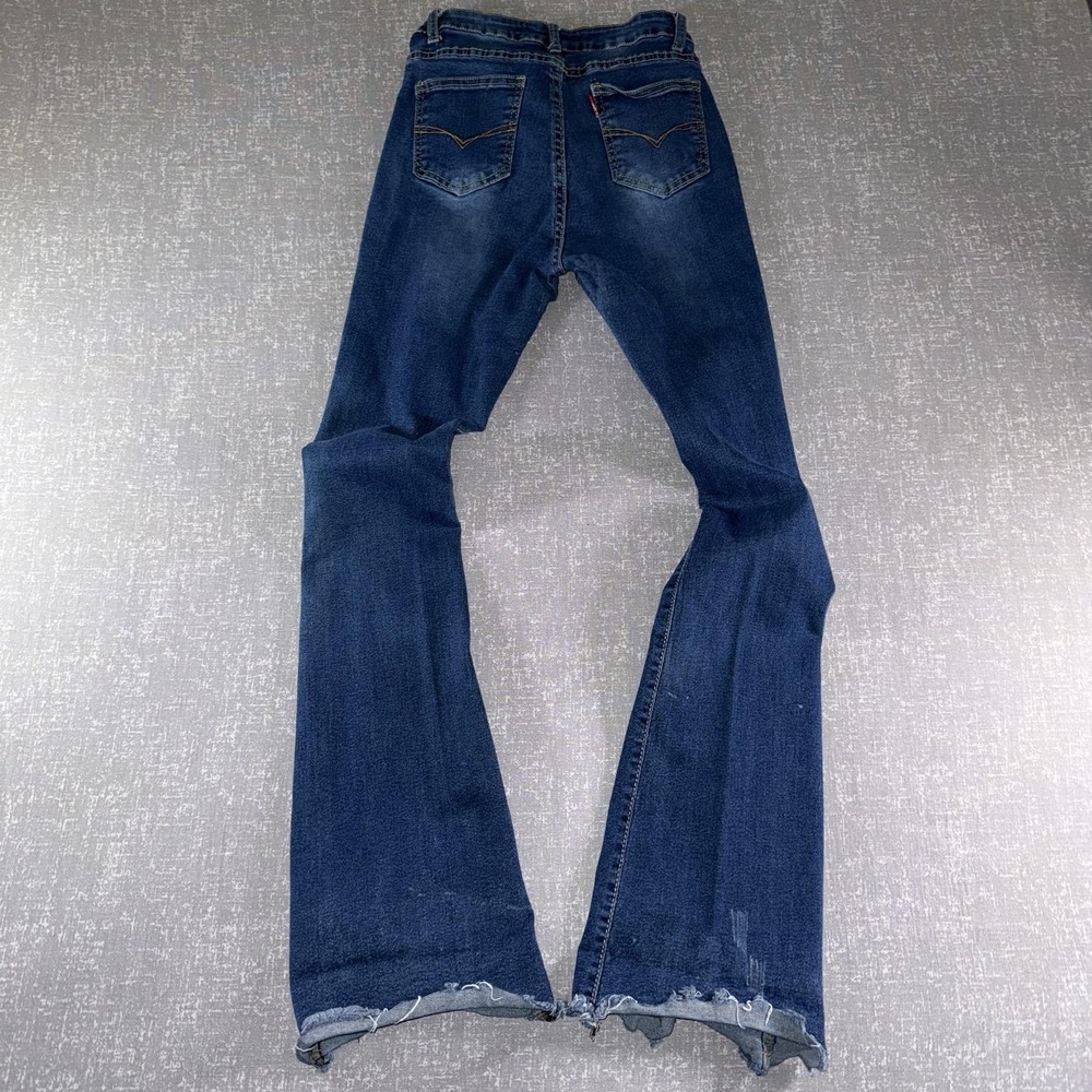 Pastel Jeans Juniors 7/28 Blue Medium Wash Mid Rise Flare Distressed Raw Hem